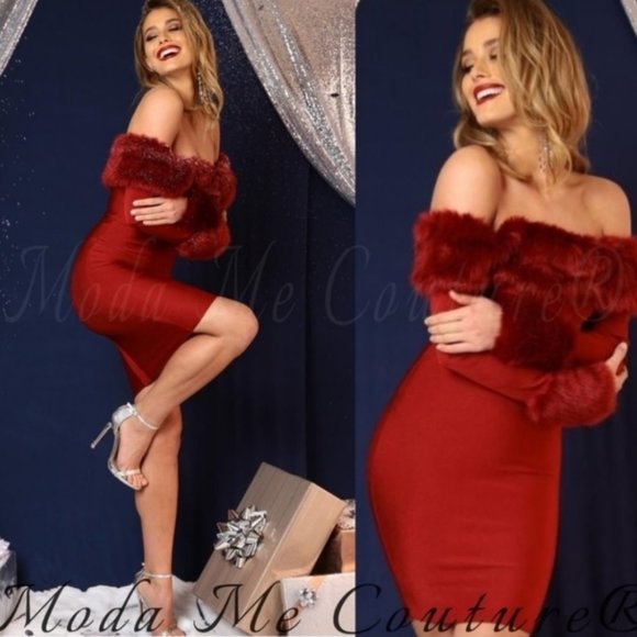 MODA ME COUTURE Dresses & Skirts - Bodycon Fur Trimmed Dress